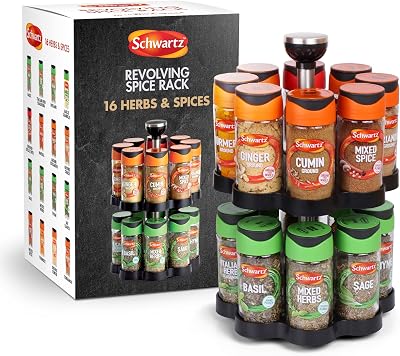 Schwartz Rotating Spice Rack with 16 Jars Italian Herbs Basil Paprika Cumin