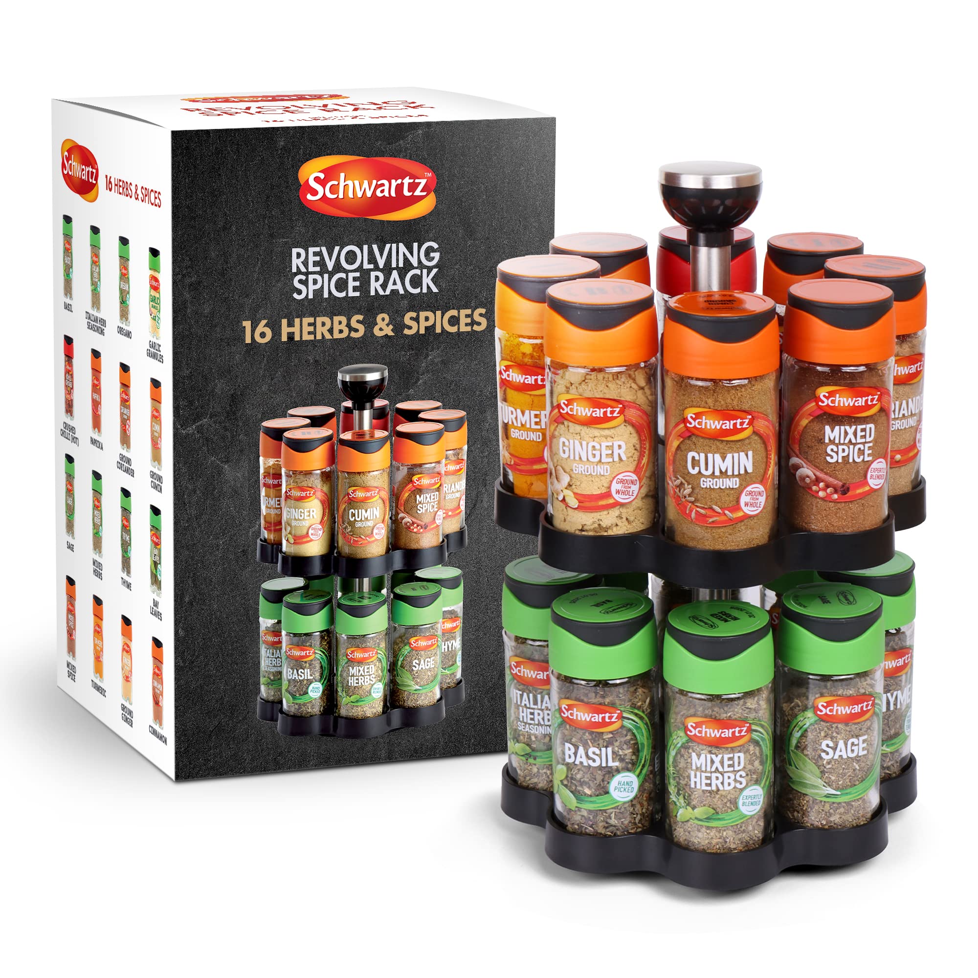 Schwartz Rotating Spice Rack, Space Saving and Convenient, Kitchen Organiser, Includes 16 Herbs and Spices Jars for your Favourite Dishes, 373 G, 18cm (W) x 29cm (H)