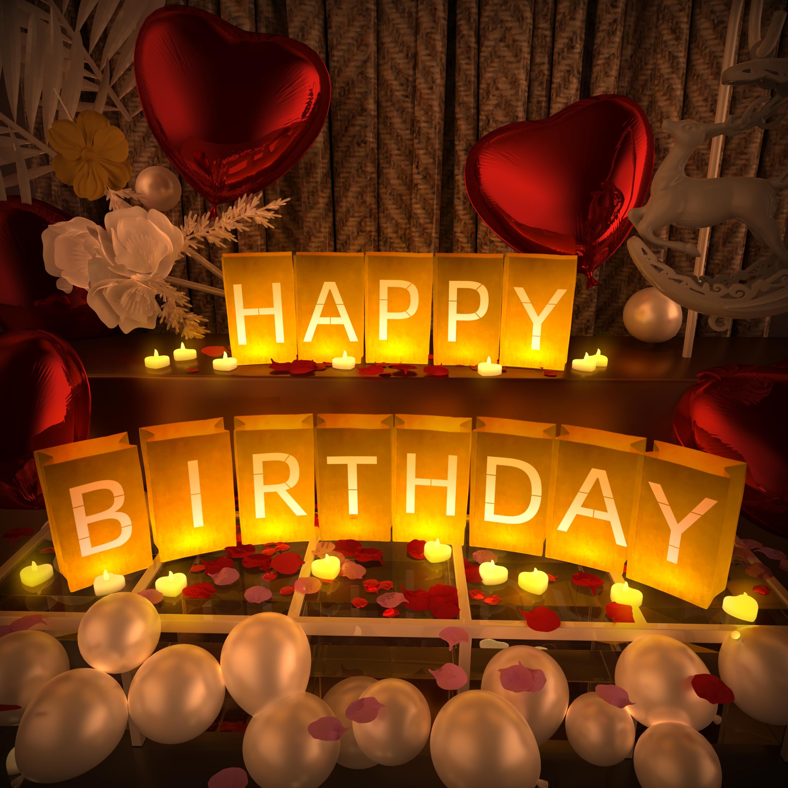Photo 1 of Happy Birthday Decorations, Include Light up Letters, with Tea Lights Candles, Latex Balloons, Aluminum Balloons and Rose Petals, Special Festival, Surprise Gifts Banner for Women and Men