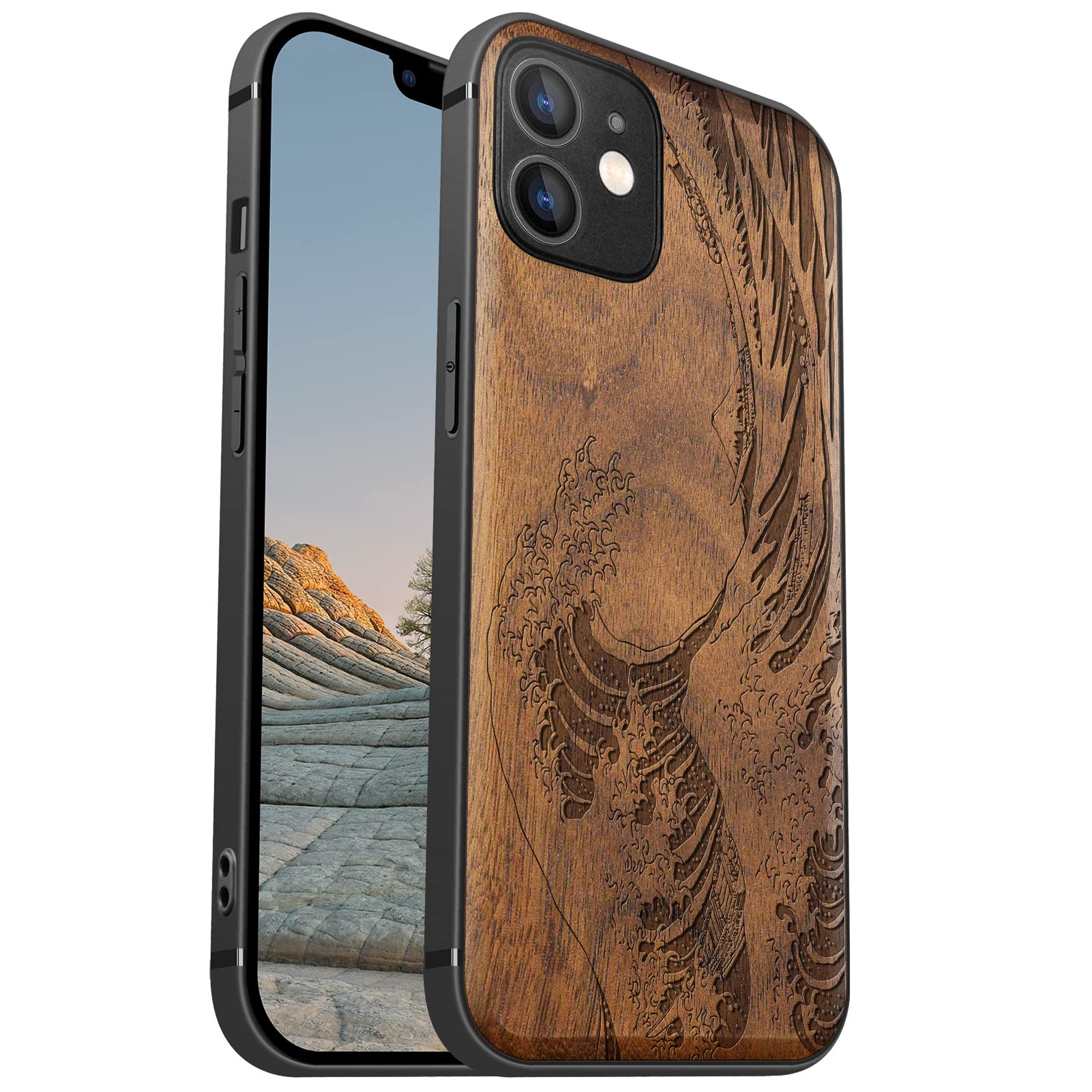 Carveit Magnetic Wood Case for iPhone 12 - Hard Real Wood & Soft TPU - Shockproof Protective Cover - Unique & Classy Wooden Case - Compatible with MagSafe - The Great Wave Off Kanagawa - Walnut