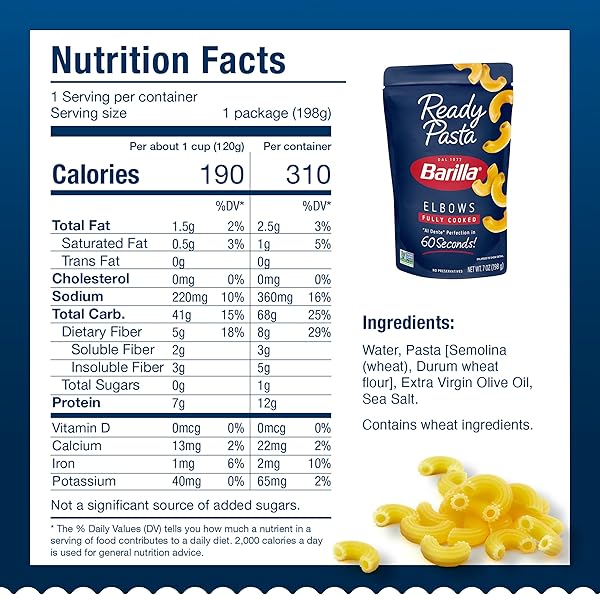 BARILLA READY PASTA, FULLY COOKED ELBOWS MACARONI PASTA, NON-GMO & KOSHER, 7 OZ (PACK OF 7)