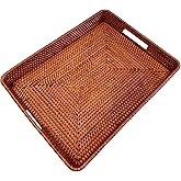 i-lan 17 Inch Oversize Handwoven Dark Brown Rattan Rectangular Serving Tray with Cutout Handles, 2.3” High Wall Decorative Woven Rattan Storage Baskets Organizer Platter for Bread, Fruits