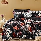 CASAAGUSTO Full Comforter Set, 7 PCS Black Shore Floral Comforter Set with Flowers Leaves Pattern, Soft Seersucker Design All Season Queen Size Bedding Set with Decor Pillow (80"X90")