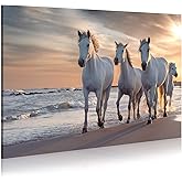 WALLSUP DECOR White Horses Canvas Wall Picture - Horses Running on the Beach Art Painting with Sunset Wild Animals Artwork Picture for Office Kitchen