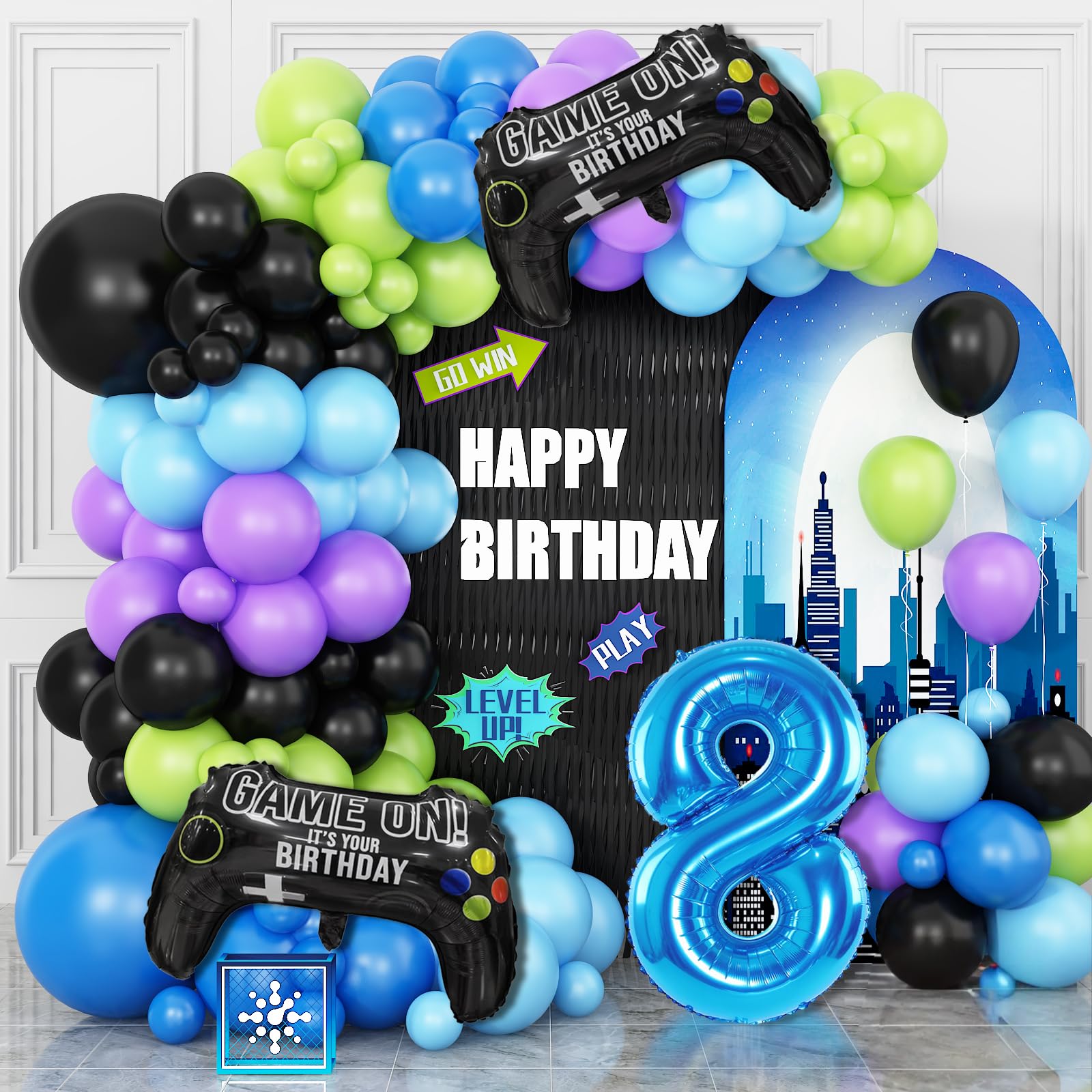 Photo 1 of Cledeco 8th Birthday Video Game Balloons Arch Kit, 108pcs Blue, Black, Light Olive Green, Purple Balloons, Video Game Themed Foil Balloons, Boys Birthday Decor