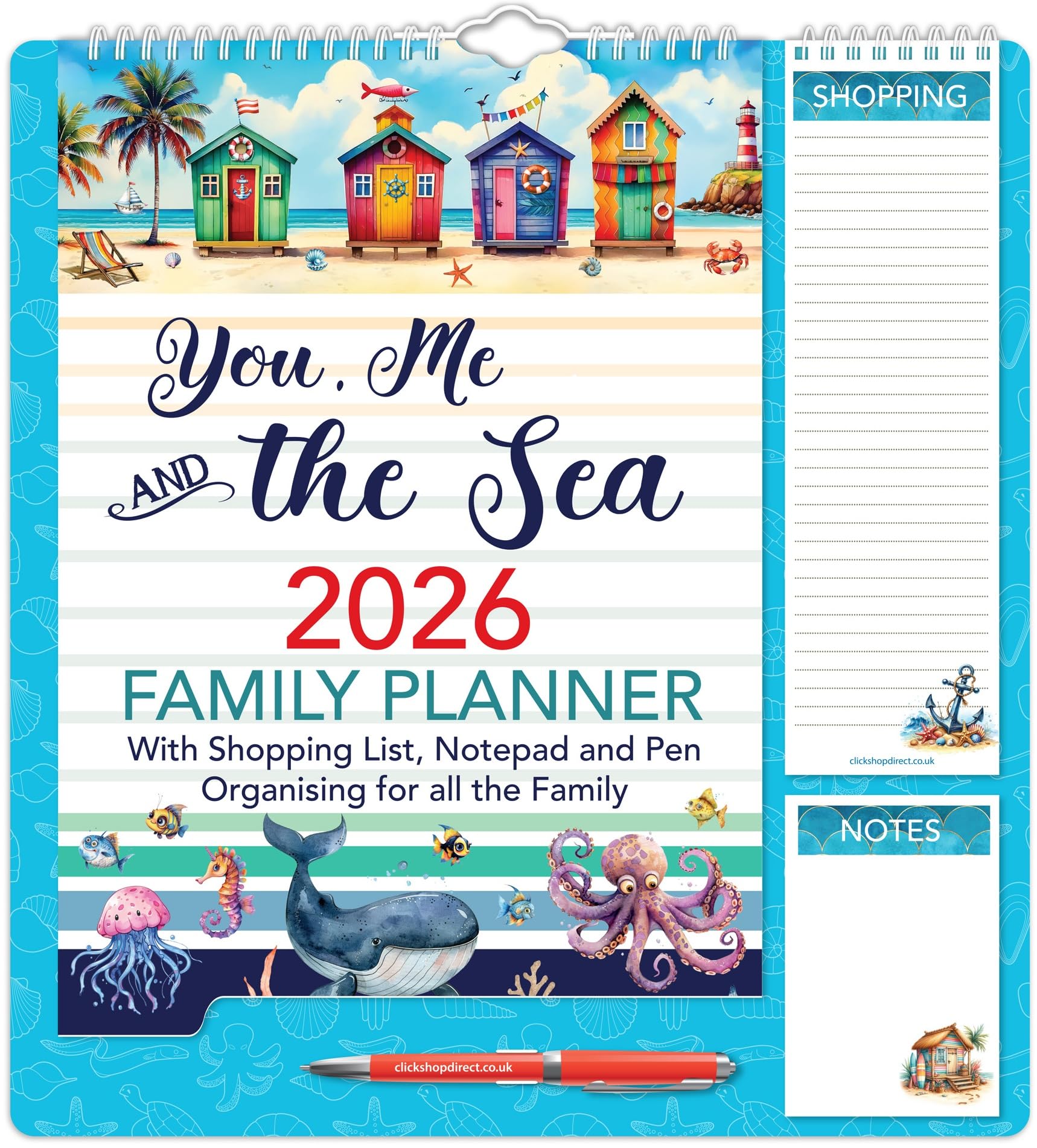 2026 Family Organiser Calendar Wall Planner With Memo Pad, Pen & Shopping List - You Me And The Sea - Monthly Five Columns