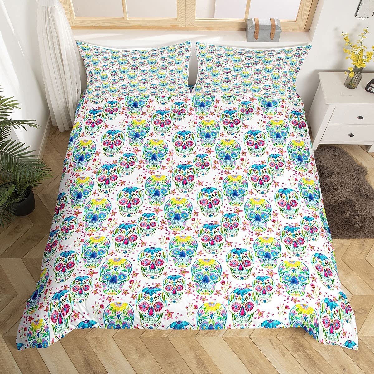 Loussiesd Sugar Skull Print Duvet Cover Set Single for Kids Floral Bedding Set Colorful for Girls Children Lightweight Microfiber Comforter Cover with 1 Pillowcase, Vibrant Bedspread Cover, Zipper