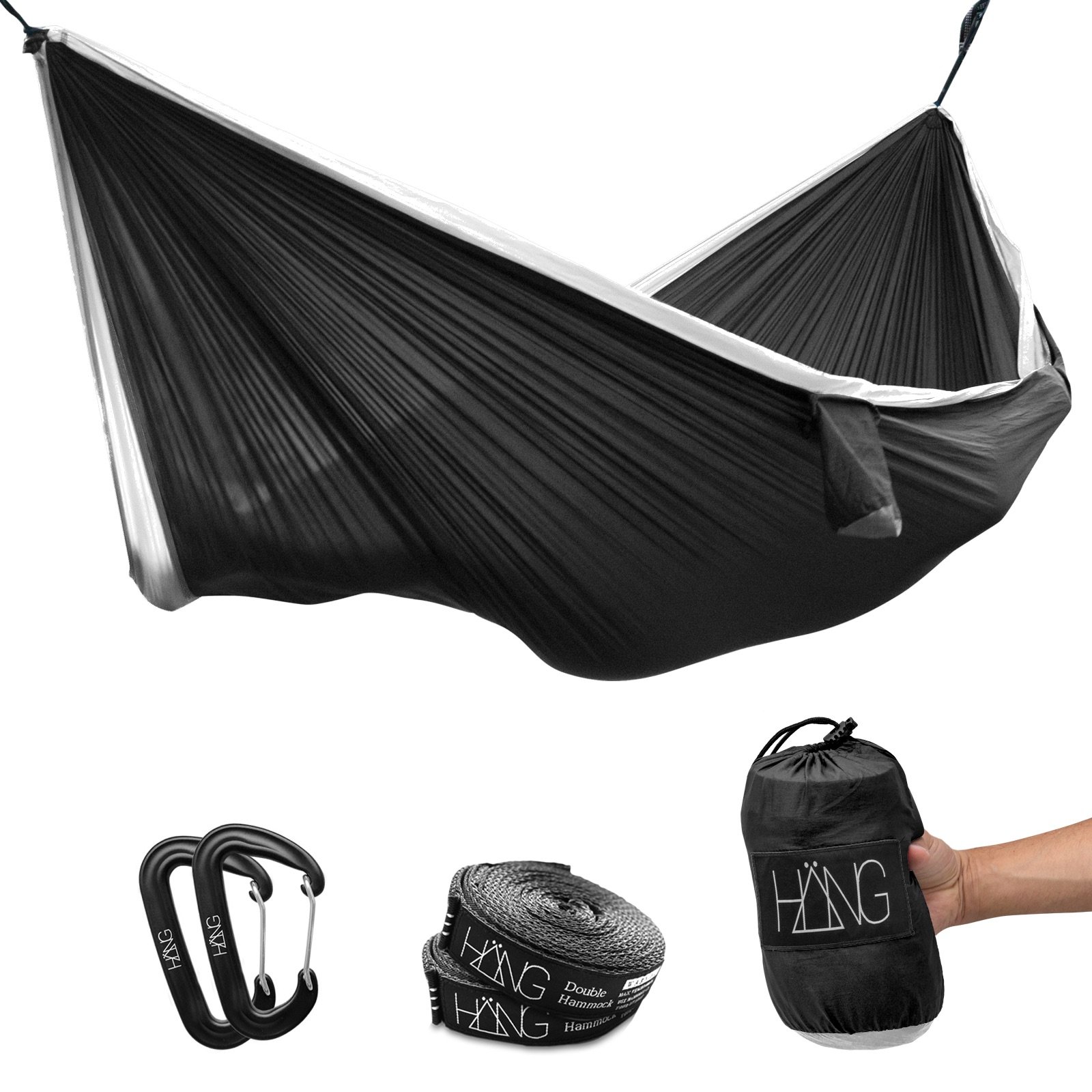 Hang, (double) hammock made of parachute silk 300 cm x 170 cm Holds up to 200 kg including suspension, 1, Black & White