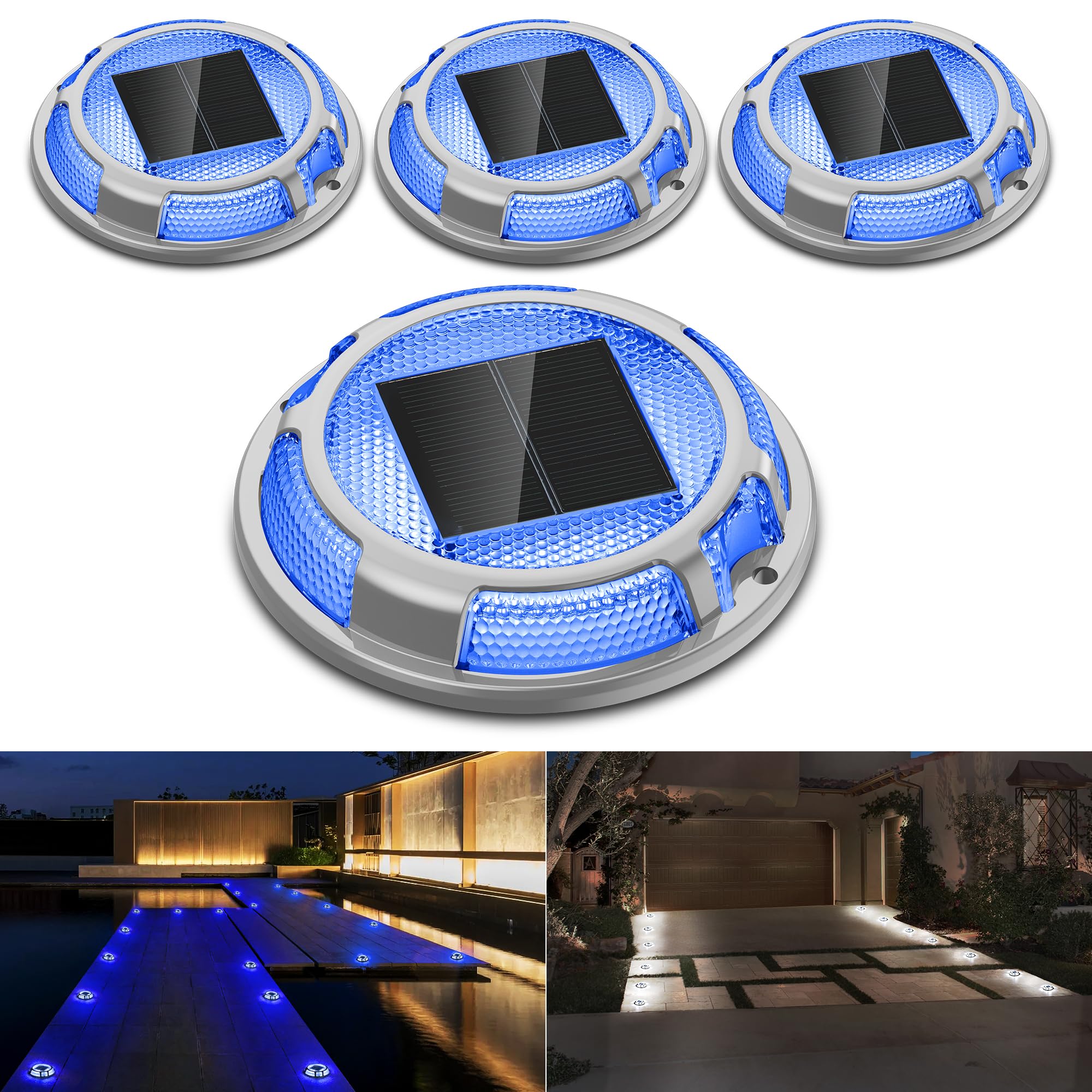 Photo 1 of Solar Driveway Lights Dock Lights Waterproof 4 Pack, 2 Colors in 1, LED Solar Deck Lights for Outside, Solar Powered Ground Lights for Warning Driveway Stair Step Pathway(Blue & White)1054675137
