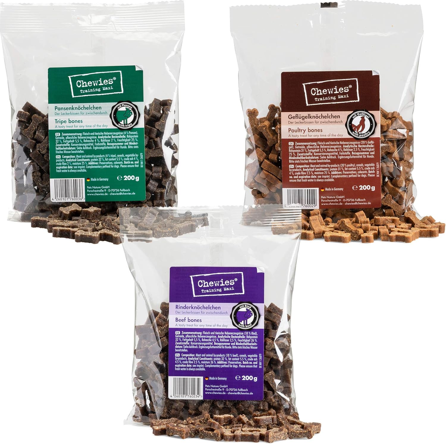 Chewies Dog Treats Maxi Mix 1 Beef, Pansen & Poultry Ankle Training, 3 x 200 g, Meat Softies without Sugar