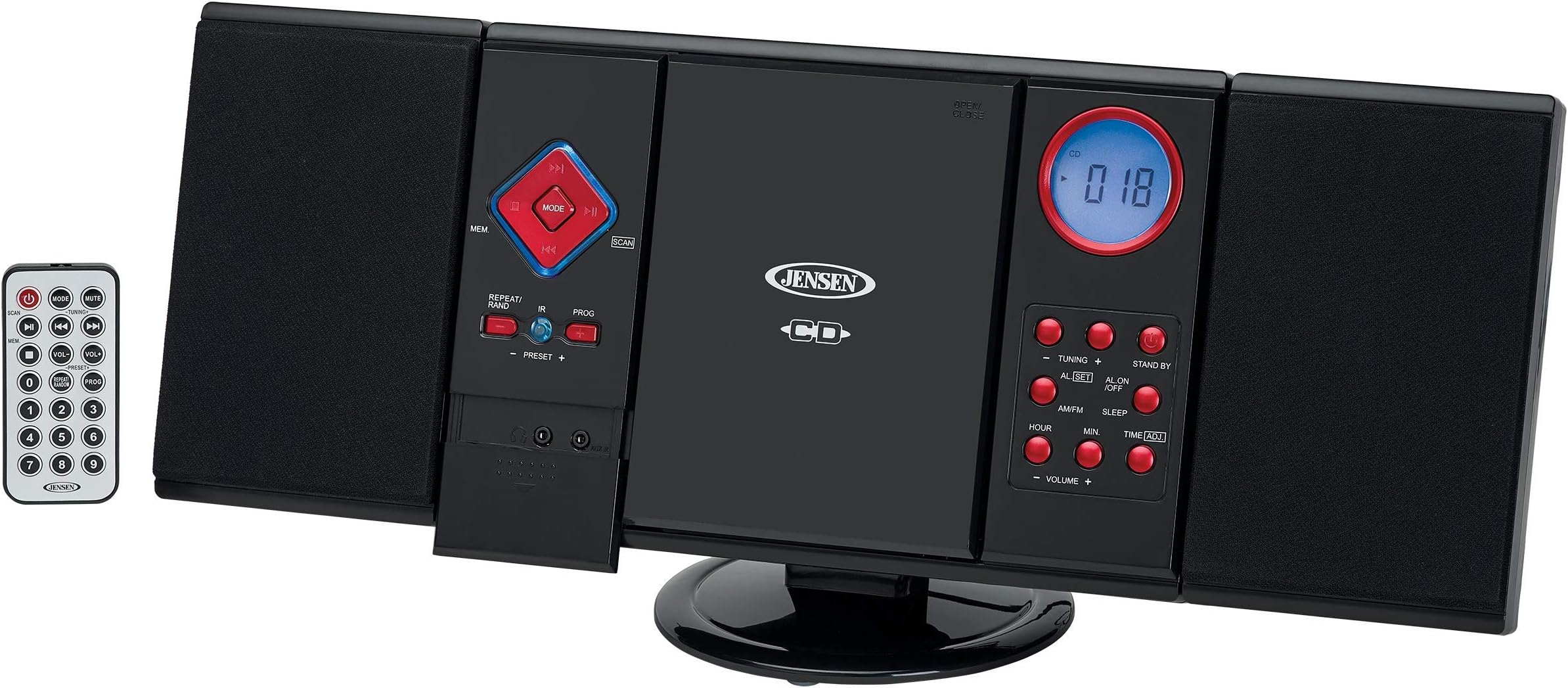 JensenModern Black Series JMC-180 Red Wall Mountable Vertical Loading CD Music System, Digital AM/FM Stereo with Speakers, Aux-in, & Headphone Jack Remote Control (Red)