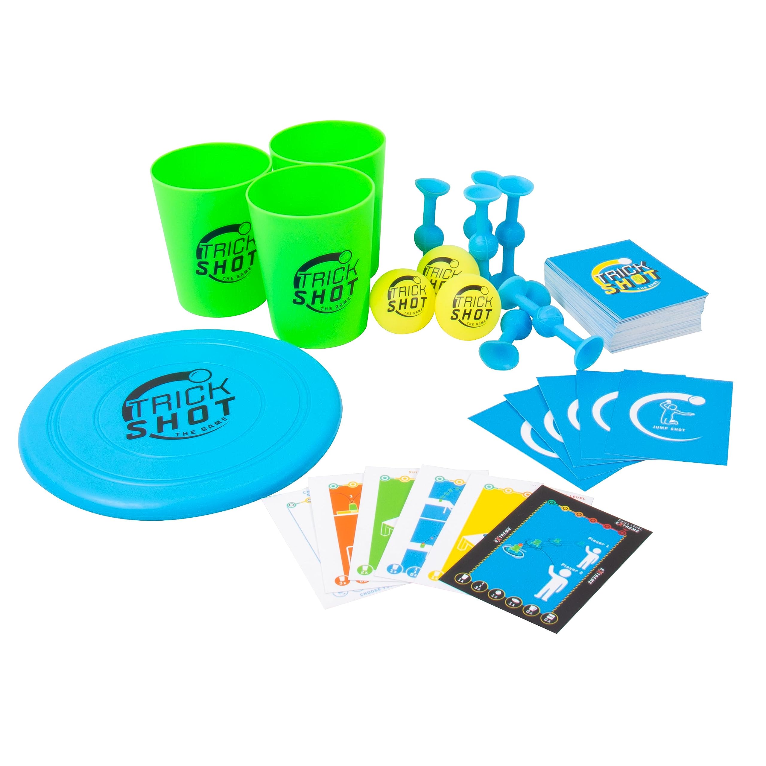 Fizz Creations Trick Shot The Game. Includes All You Need to Practice the Perfect Shot! Includes Stacking Cups, Ping Pong Balls, Sticky Darts, Throwing Disc & Challenge Cards. Garden Games Party Games