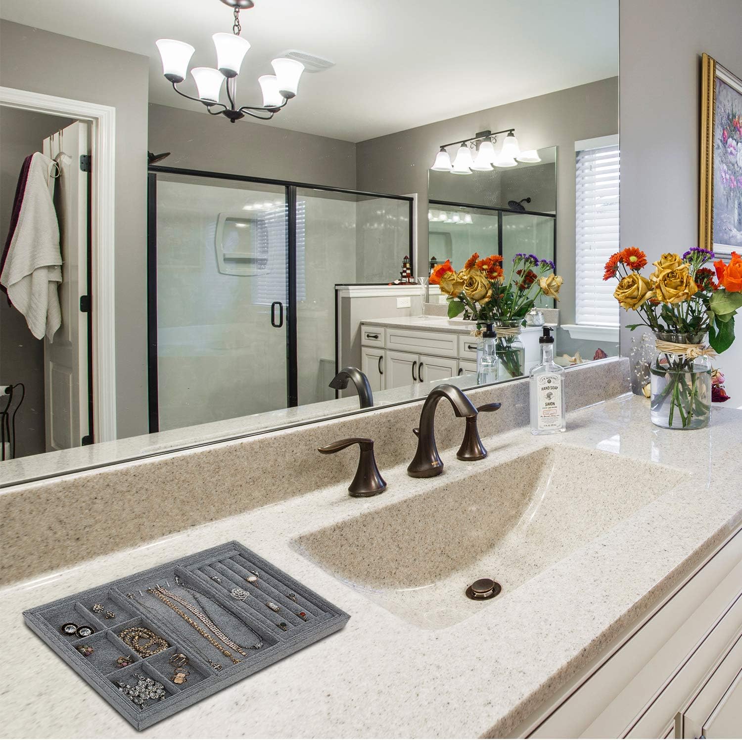 Houseables Jewelry Tray Organizer, Stackable Accessories Storage, 13.8"W x 9.5"D, 4 Pieces, Gray, Felt Earring Box, Drawer Insert, Velvet Ring Holder, Bracelet & Necklace Display, Cufflink Case: Home Improvement