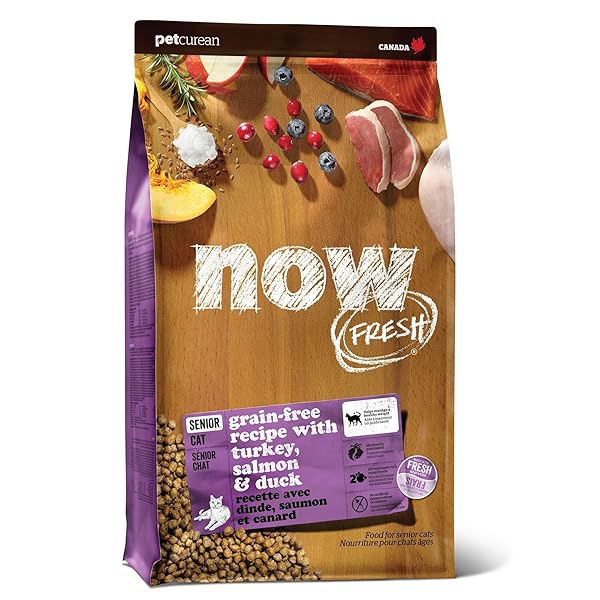 NOW FRESH GRAIN-FREE SENIOR DRY CAT FOOD WITH TURKEY, SALMON & DUCK, PREMIUM KIBBLE MADE WITH REAL POULTRY & FISH, CHICKEN-FREE RECIPE, SUPPORTS HEALTHY WEIGHT MANAGEMENT, 8 LB BAG