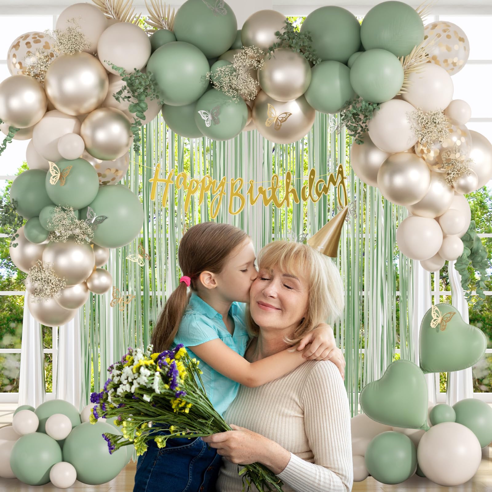 Sage Green Birthday Party Decorations with Happy Birthday Banner Green Fringe Curtain Butterfly Decorations Foil Balloons Happy Birthday Decorations for Women