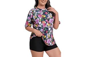JOYBIK Women's Plus Size Two Piece Short Sleeve Rash Guard Sets with Built in Bra UPF50+ Swim Shirt Top and Shorts