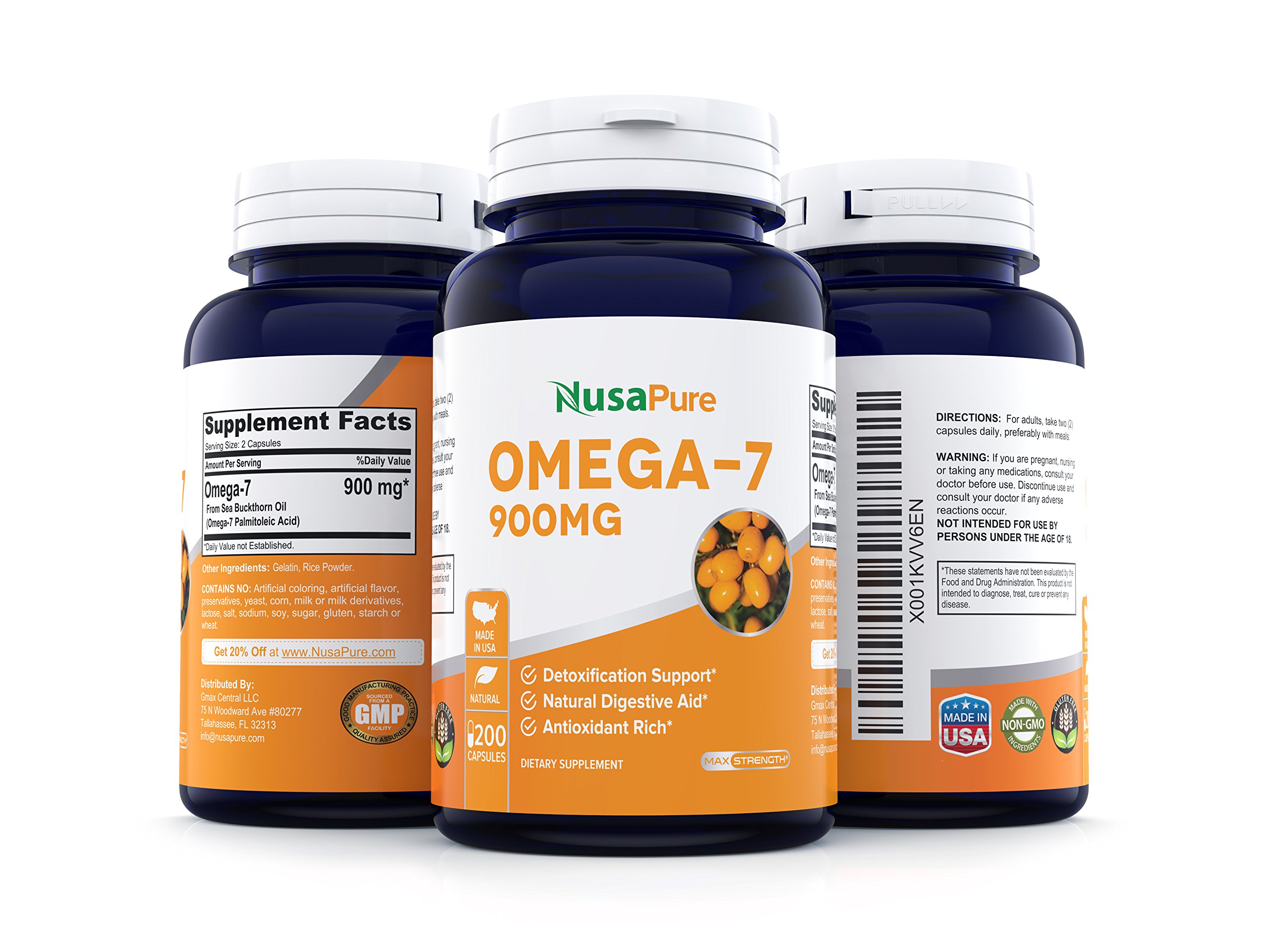 Best Purified Omega 7 Fatty Acids 900mg 200 Capsules (NonGMO Gluten