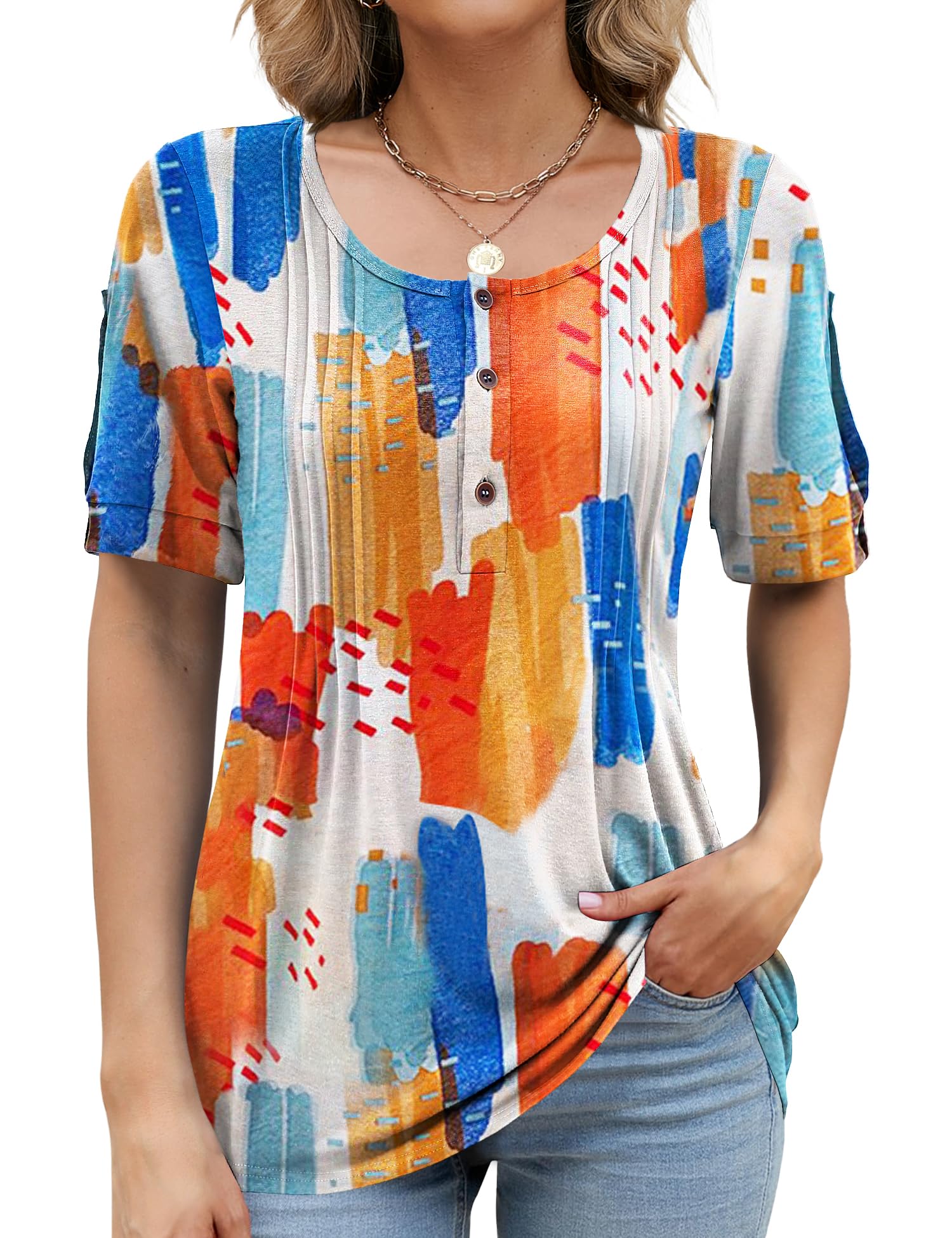QOAAIE Womens Short Sleeve Blouses Dressy Pleated Crew Neck Tunic Tops Qoaaie womens short sleeve blouses dressy pleated crew neck tunic tops