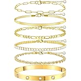 MOINSPIRE Gold Bracelets for Women Non Tarnish, Dainty 18K Gold Plated Bracelets Stack Trendy Waterproof Stackable Bangles, Cuban Link Paperclip Chain Jewelry Set Fashion Accessories Gifts for Women