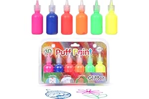 Playkidiz Puff Paint, 6 Pack 3-D Fabric Paint, Glitter Colors, Permanent Non-Toxic Paint Set for Kids, Ages 3+