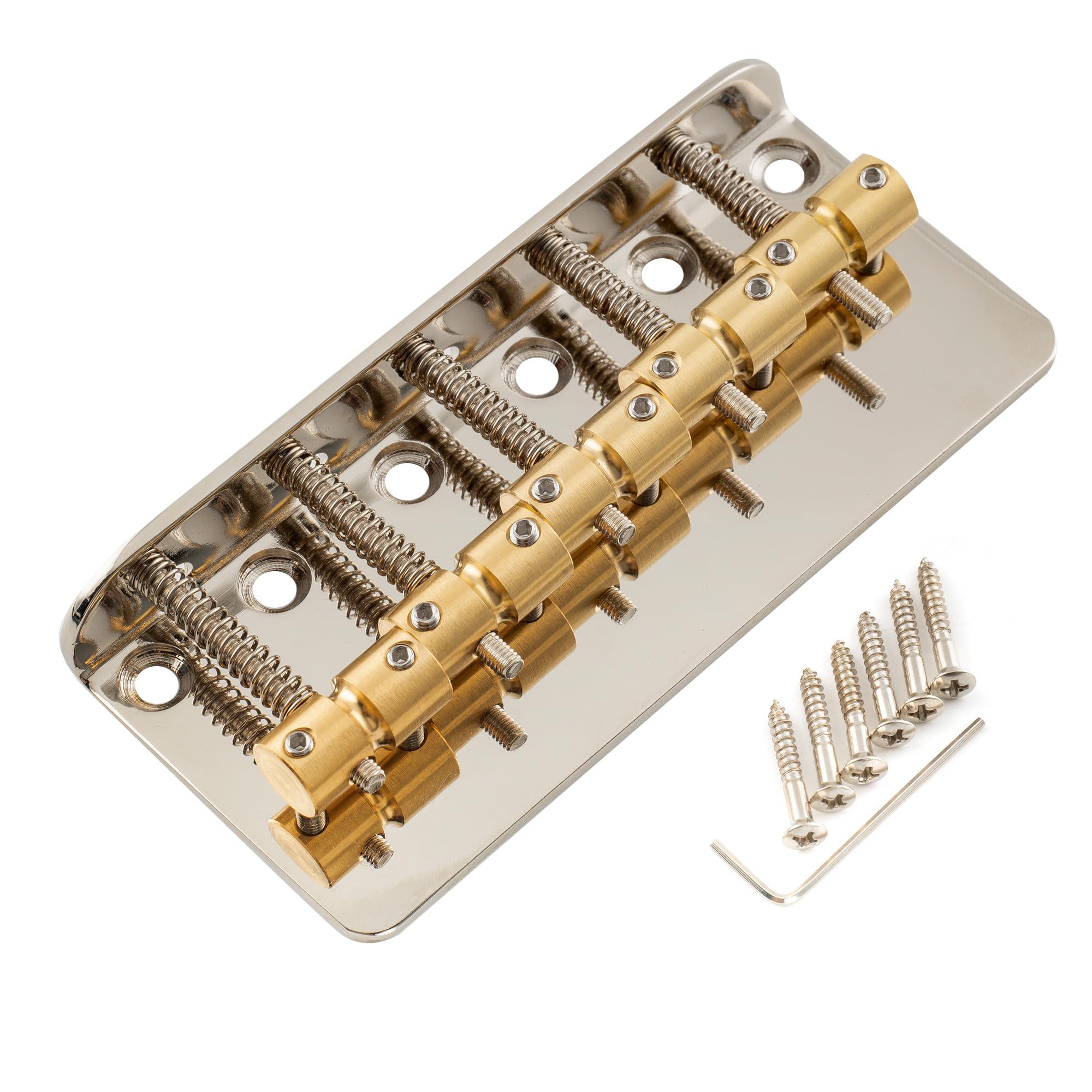 Musiclily Pro 18mm Classic Standard Top-loading 5-String Bass Bridge with Brass Saddle Steel Plate, Nickel