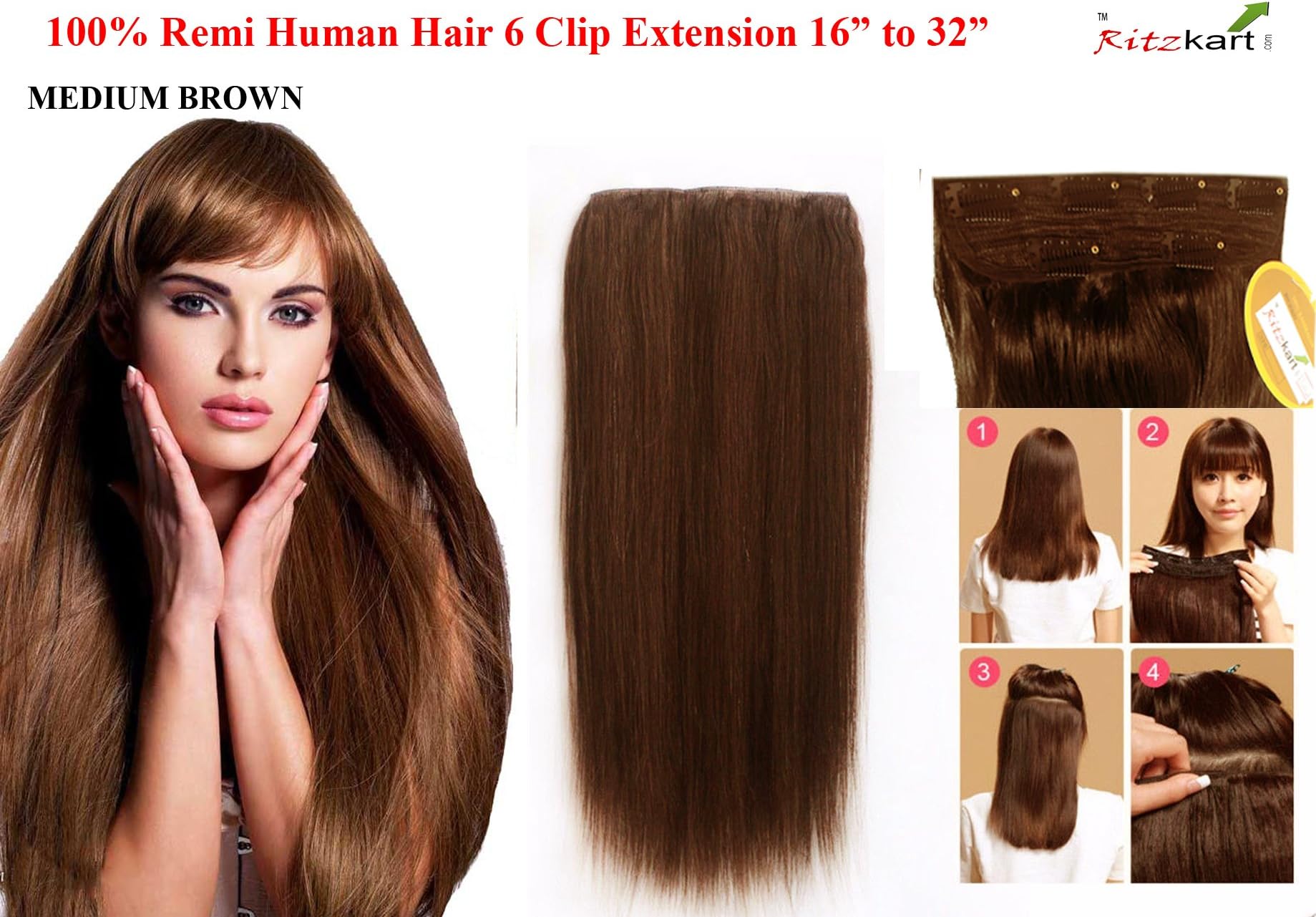 Ritzkart 6 Clip Fine Quality Remi Human Soft Hair Extension 16 to 32 Inch (26 Inch, Medium Brown)