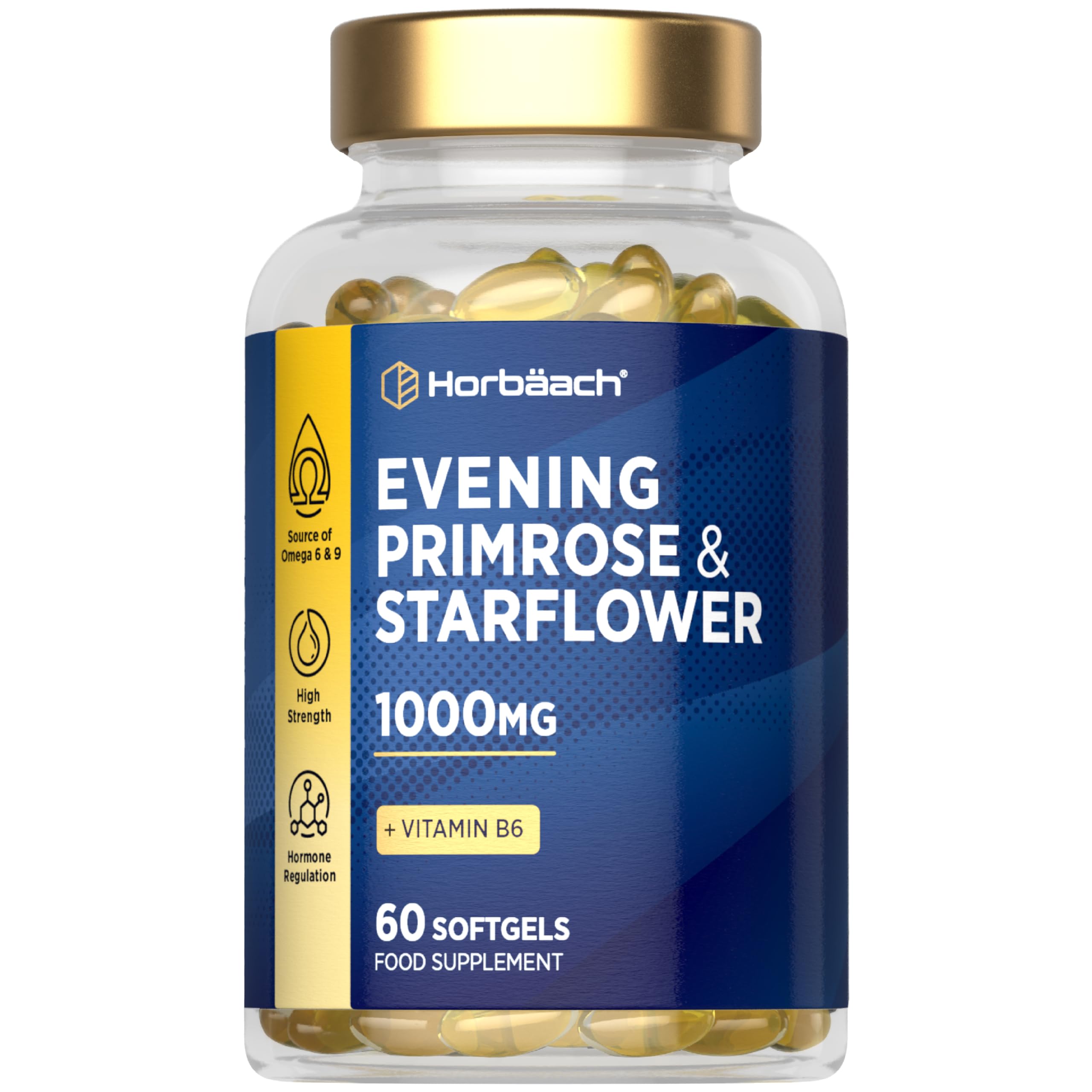 Evening Primrose and Starflower Oil Capsules 1000mg | with Vitamin B6 | 60 Softgels | Rich Source of Omega 6 GLA & 9 Oleic Fatty Acids | by Horbaach