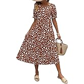 Zeagoo Womens Summer Dress Casual Midi Dresses 2026 Short Puff Sleeve Flare Dress Pleated Flowy Sundress with Pockets