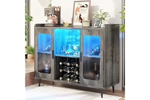 iSunirm Wine Bar Cabinet with Power Outlet, Liquor Cabinet Bar with LED Light and Glass Holder, Home Coffee Bar Cabinet, Buffet Sideboard with Storage Shelf for Kitchen, Dining Room, Black Oak