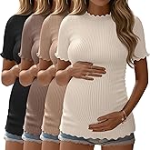 Velvelhall 4 Pack Women's Maternity Shirt Short Sleeve Ribbed Knit Tunic Tops Crew Neck Pregnancy Side Ruched Casual Clothes