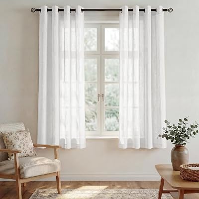 PONY DANCE Linen Textured Voile Curtains 52x54 White 2 Panels 54" Drop