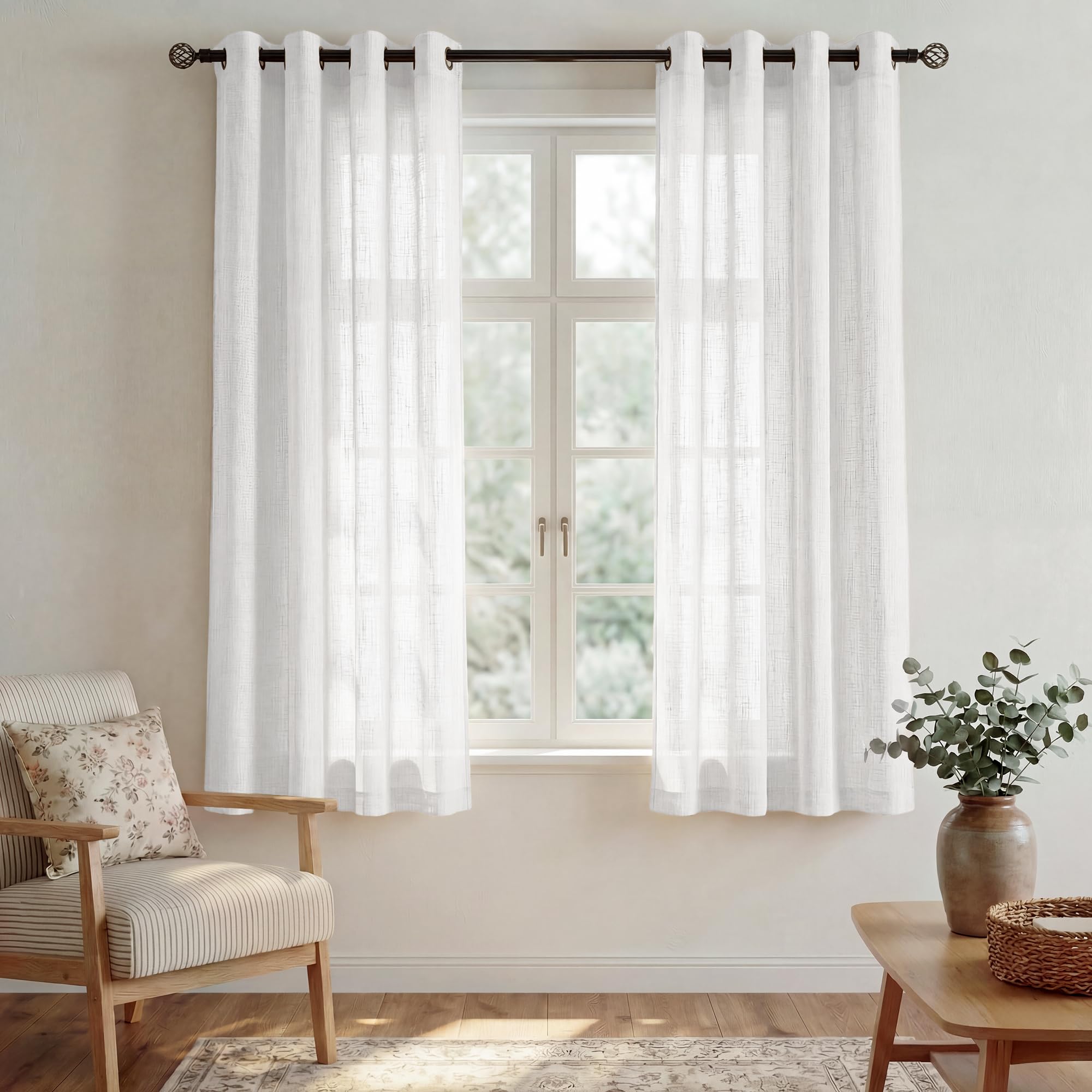 PONY DANCE Net Curtains for Windows 54 drop - Semi Translucent White Linen Voile Curtains for Kitchen/Living Room Privacy Protect Sheer Panels Home Decoration Window Treatments, White, 52 x 54 inches