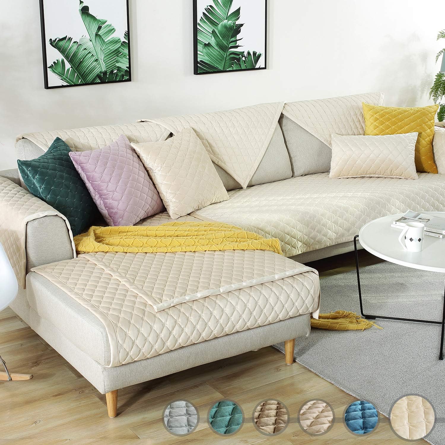 Royhom Sectional Sofa Cover, Sectional Couch Covers, Sofa Seat Covers, Velvet Sofa Slipcover, Quilted Couch Covers for Dogs Cat Pet T Cushion Chaise Leather L Shaped, Cream 36 x 63 Inches