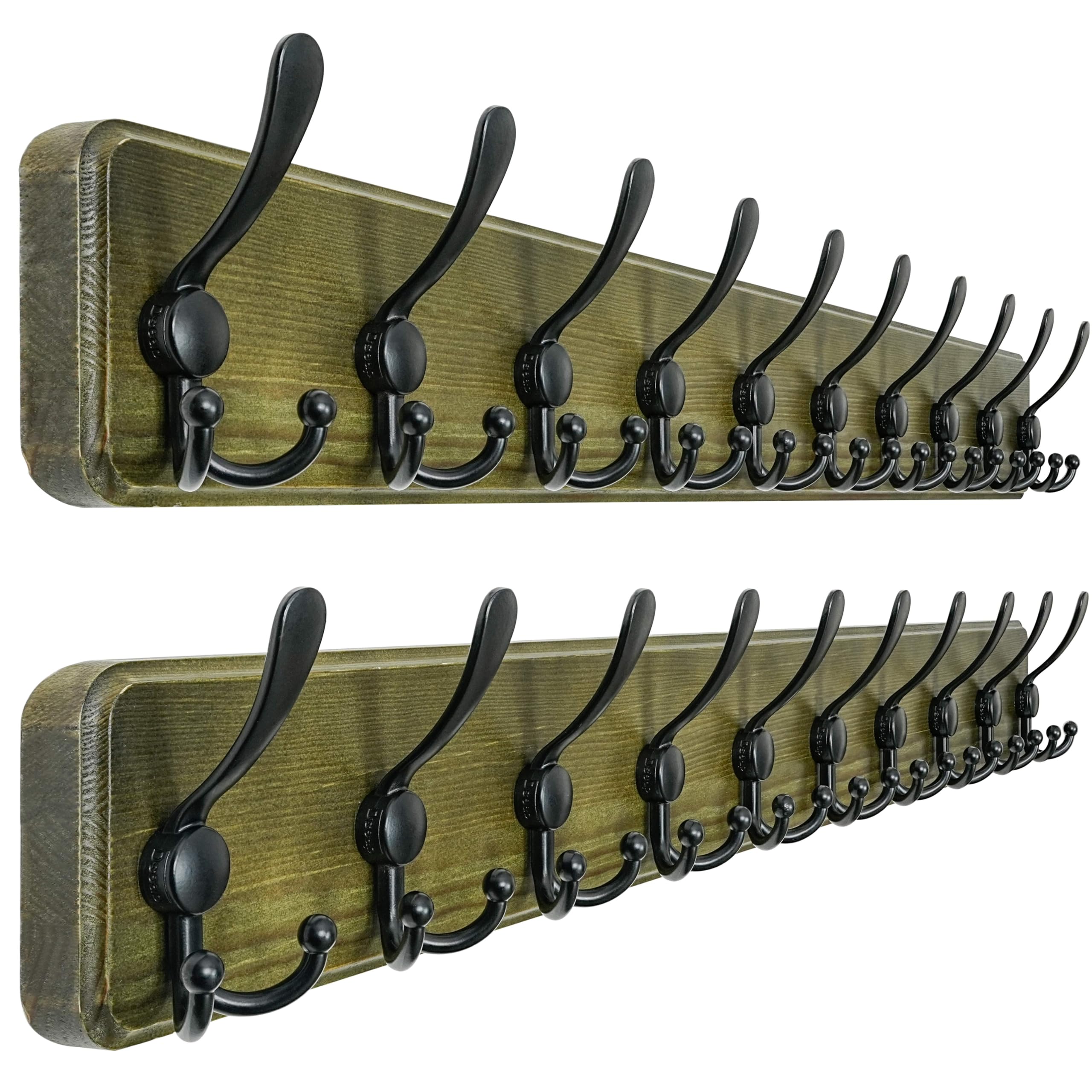 Dseap Coat Rack Wall - Heavy-Duty 38-1/4" Long, with Reinforced 10 Custom Tri-Hooks, Solid Wood Wall Hanger for Coats Hat Jackets - Rustic Farmhouse Entryway Storage,Weathered Green & Black,Pack of 2 Image
