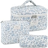 Anfly Makeup Bag, Quilted Cosmetic Bags, Large Floral Make Up Bag for Women, Cute Cotton Makeup Bag 3PC Set, Travel Toiletry Bag (Blue)