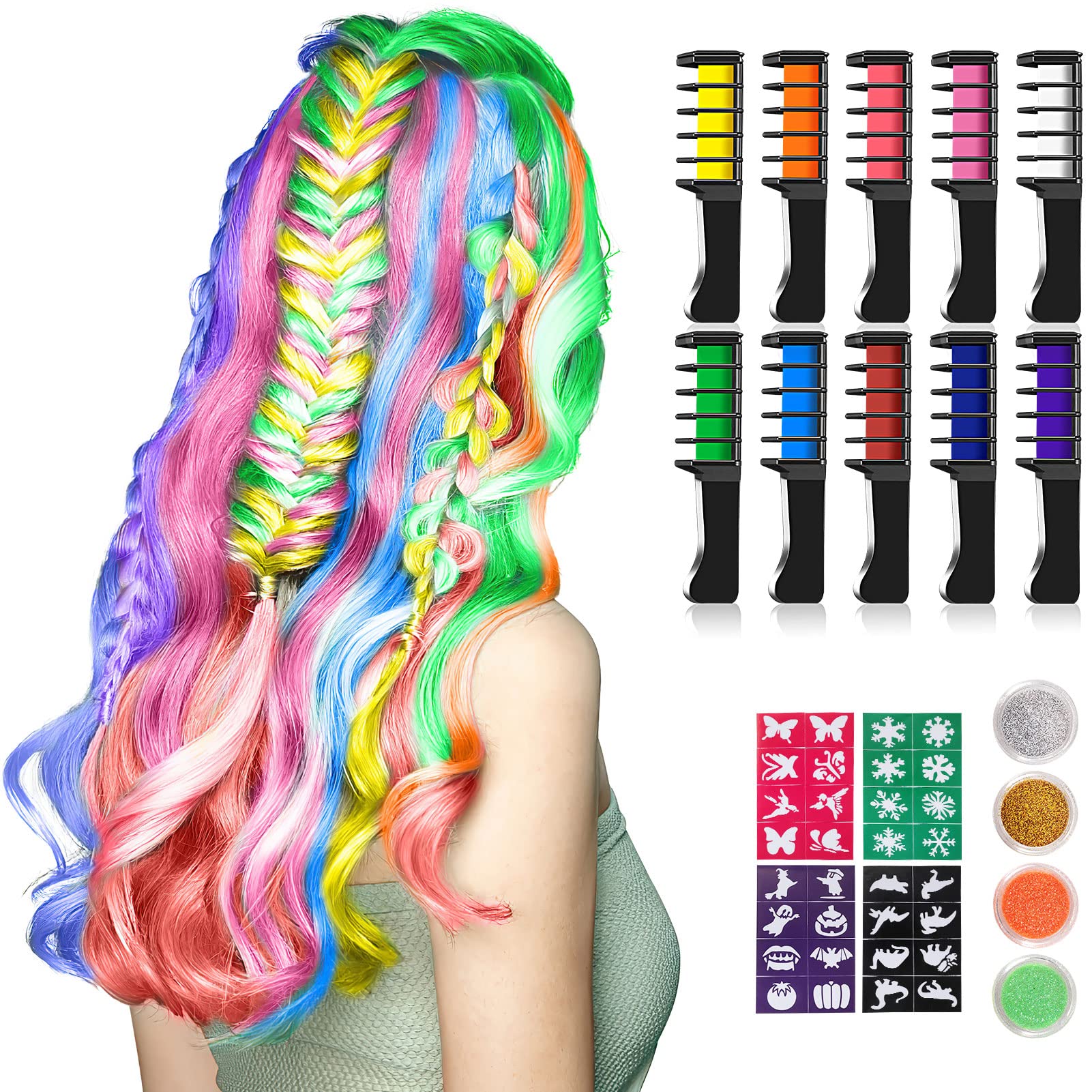 Hair Chalk for Girls, Kastiny 10 Pieces Hair Colour Comb, Temporary Hair Colour Chalk Comb for Kids Hair Dye, Party and Cosplay, with 4 Glitter Tubes & 32 Stencils
