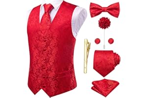 Hi-Tie Silk Mens Suit Vest Tie and Bowtie Lapel Pin Gold Tie Clip Paisley Floral Waistcoat 8PCS Set Tuxedo Wedding Party