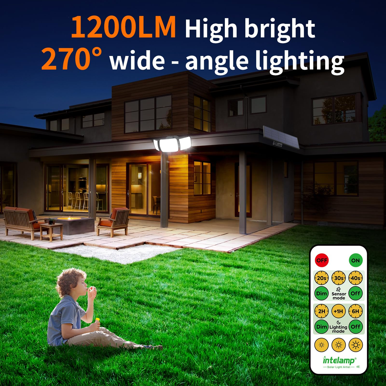 INTELAMP Solar Strahler mit Bewegungsmelder mit Fernbedienung, 6000mAh 1200LM Außenleuchte,4 Modi 270°Weitwinkel Solarlampen für Außen 108 LED IP65 Wasserdichte Wandleuchte für Garage, Garten 2