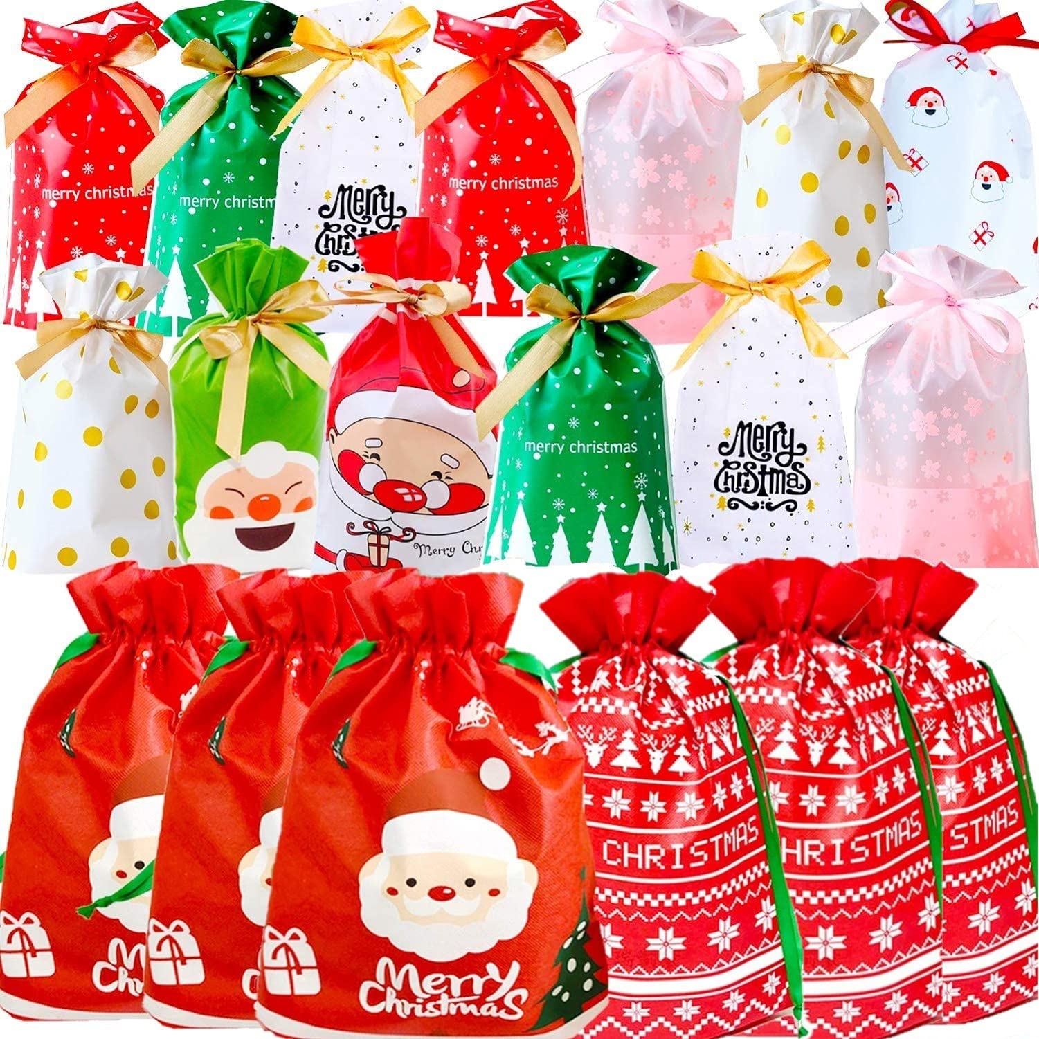 KAHEIGN 46Pcs Christmas Drawstring Gift Bags Set, 10 Styles 2 Sizes Christmas Goody Bags Xmas Gift Wrapping Bag Pack Kids Drawstring Gift Bags for Christmas Party Xmas Holiday