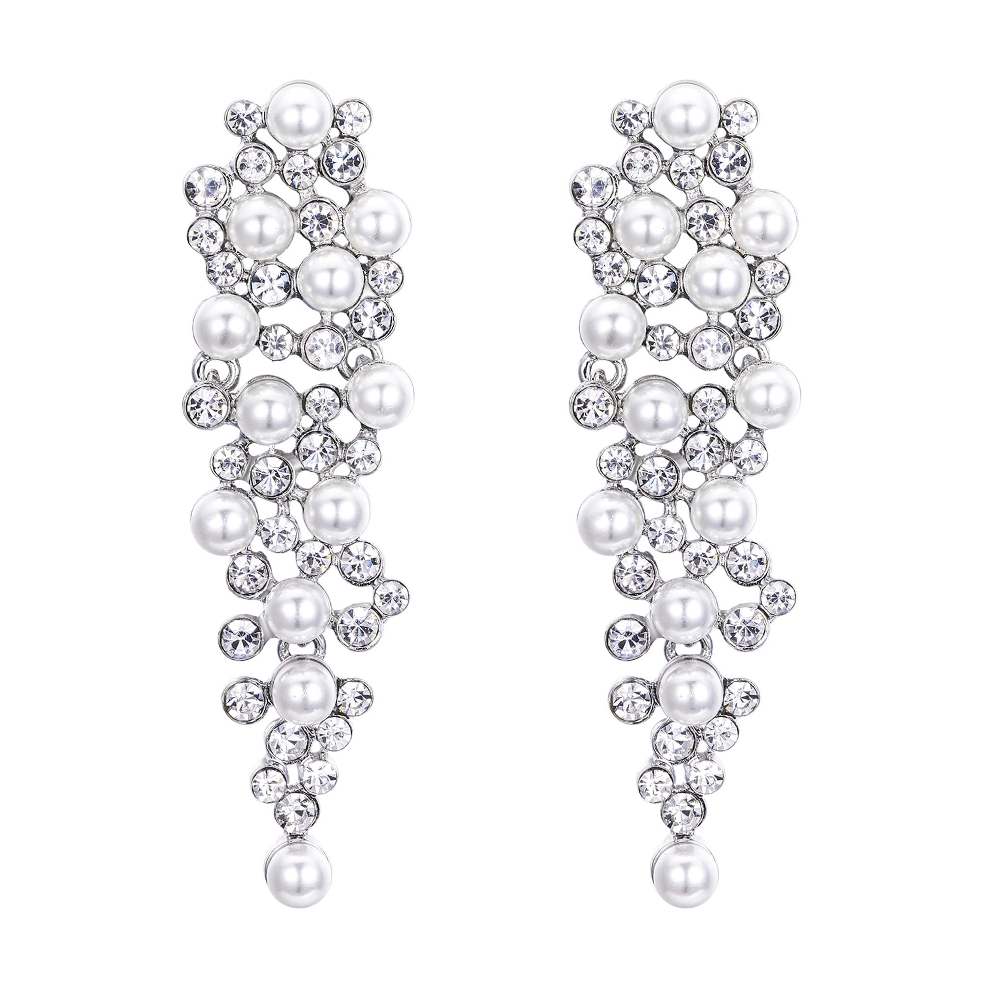 Clearine Women's Wedding Bridal Simulated Pearl Crystal Multi Beaded Chandelier Cluster Dangle Earrings Clear Silver-Tone