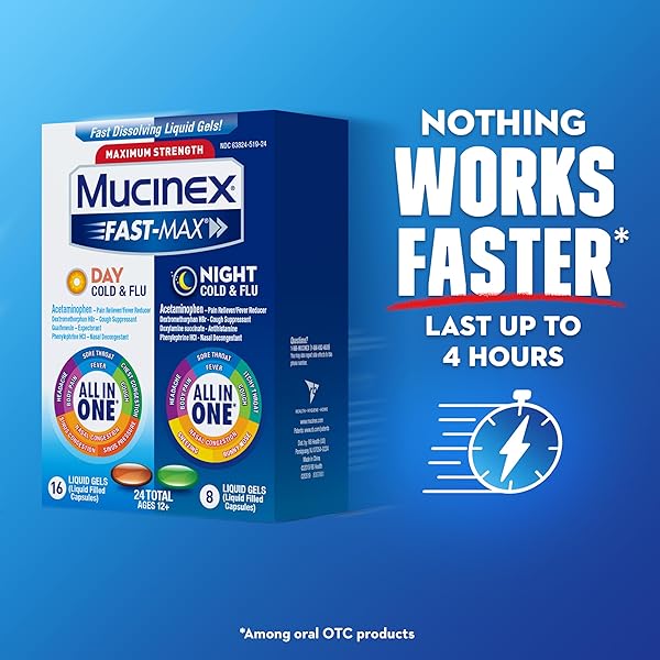 MUCINEX FAST-MAX LIQUID GELS FOR DAY/NIGHT COLD AND FLU, 24 COUNT