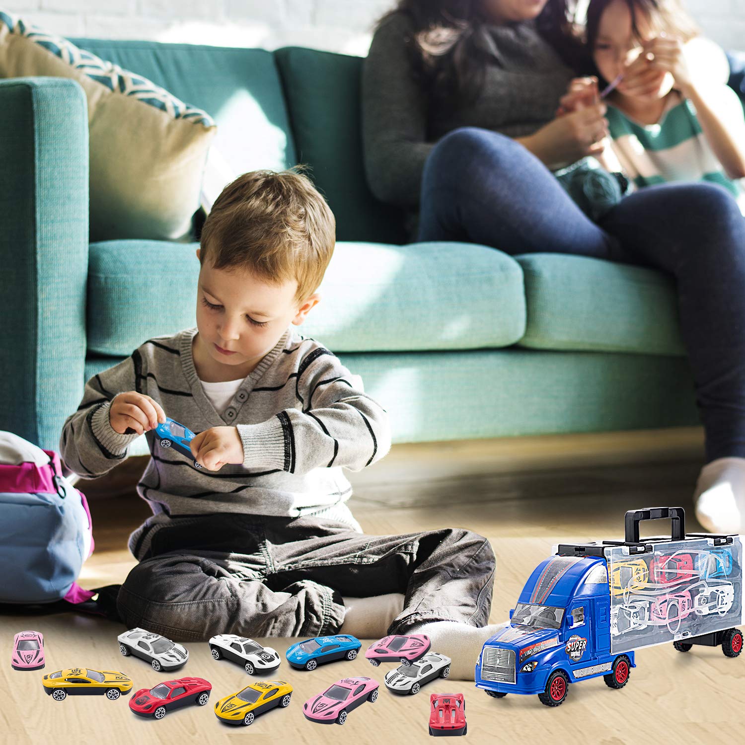 TAODUDU Kids Truck Transport Car -17 PCS Toy Car with Track Container Truck Toy Set , Activity Game Pad Dice and Alloy Race Model Transport Toys Cars for Kids , Boys & Girls