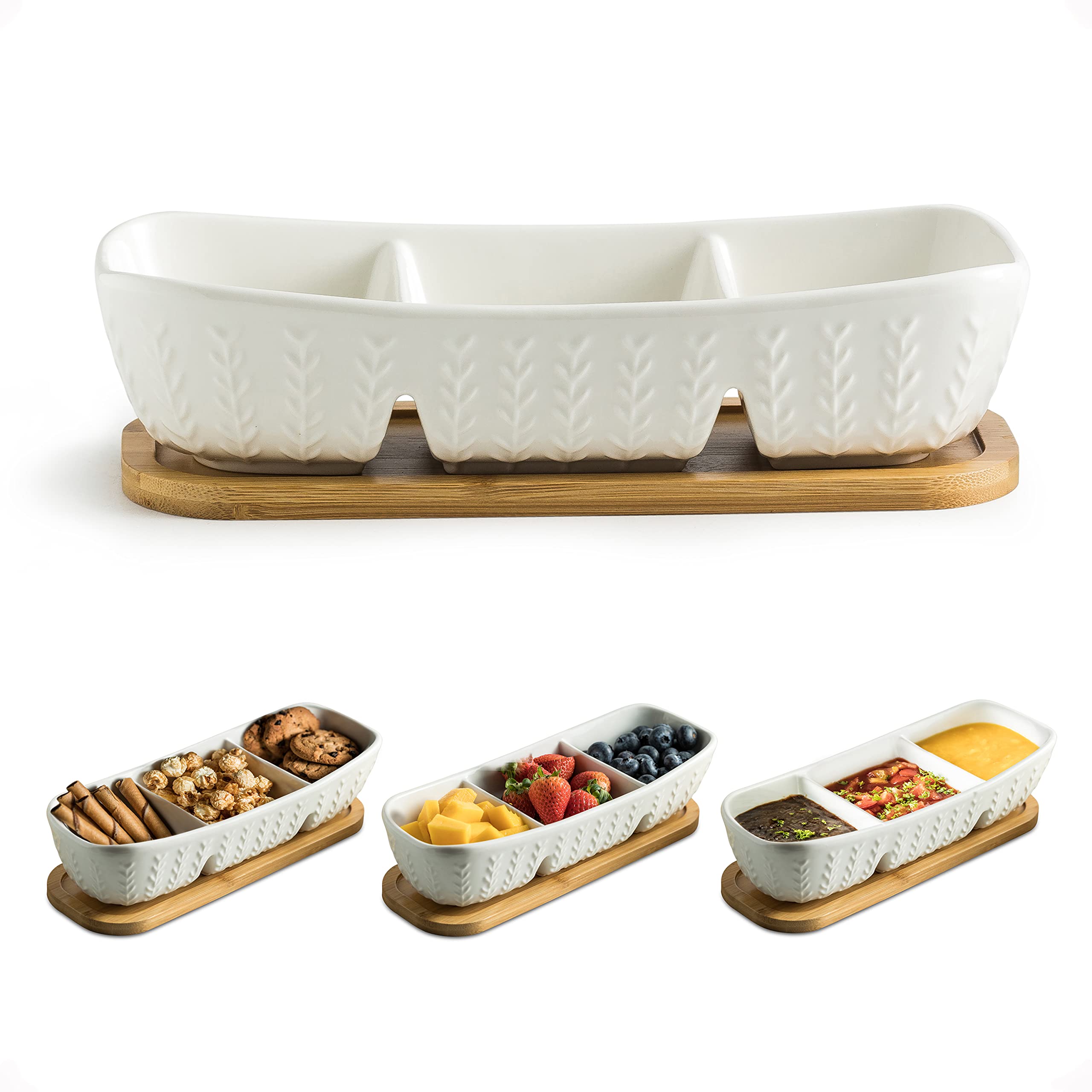 Photo 1 of Miamolo 3 Compartment Condiment Tray Hospitality Tray, Chip and Dip Bowl with Wooden Serving Tray, Perfect for Snacks, Appetizers, Charcuterie, Chips, Candy, 10-inch Dip Trays for Parties