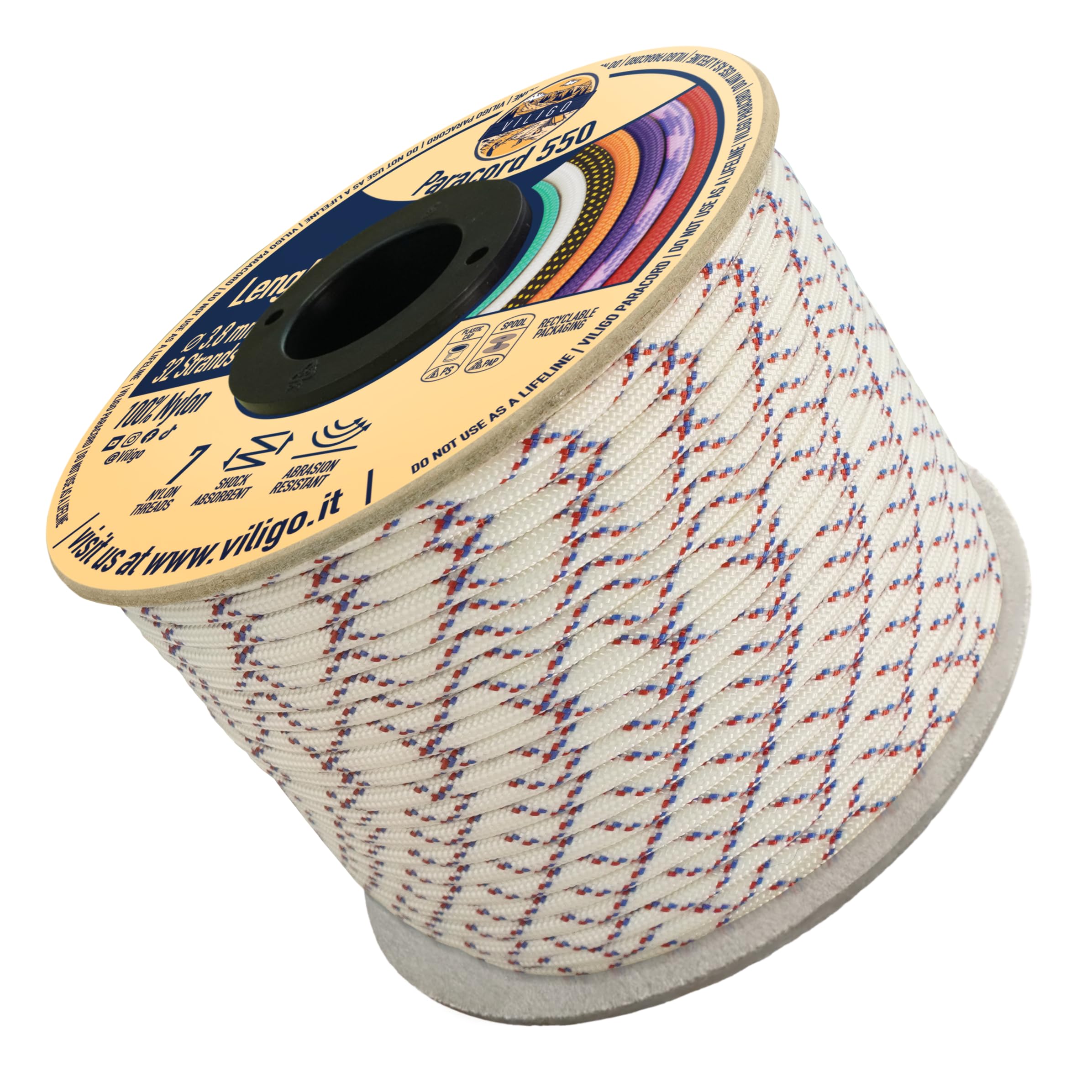 VILIGO Paracord 550 - Type III (3.8 mm) - Nylon Braid, 7 Inner Strands, Ideal for Camping, DIY Projects, Bracelet Making and Accessories (15 m, Ice Age)