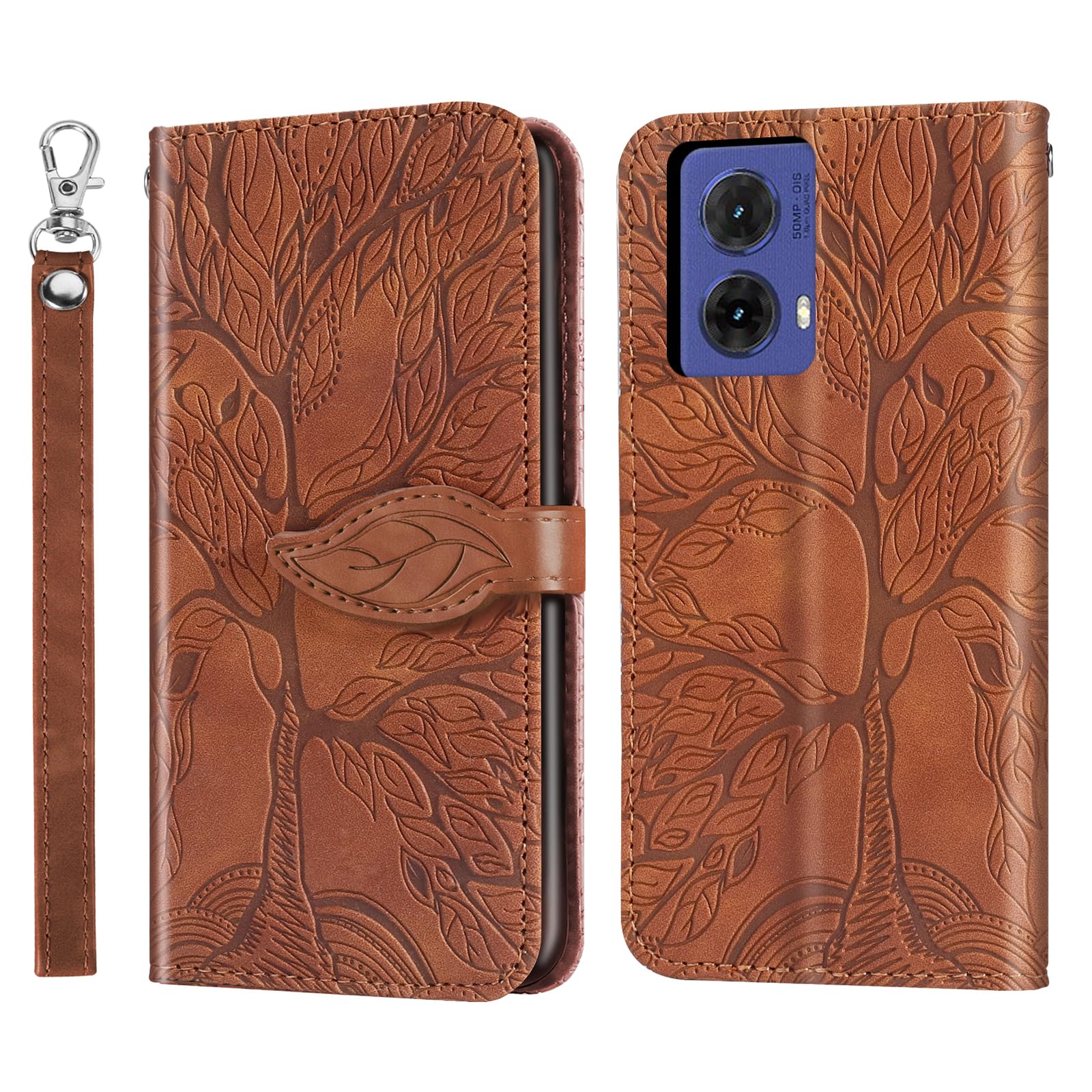 Rostsant Mobile Phone Case for Motorola Moto G85 - Embossed Tree PU Leather Flip Case Wallet Case Cover - Brown