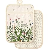 Slohif Silcone Flower Pot Holders for Kitchen - 100% Cotton Beige Cute Oven Potholders with Pockets, Heat Resistant Square Thick Hot Pads, House New Home Baking Baker Gifts,2pack