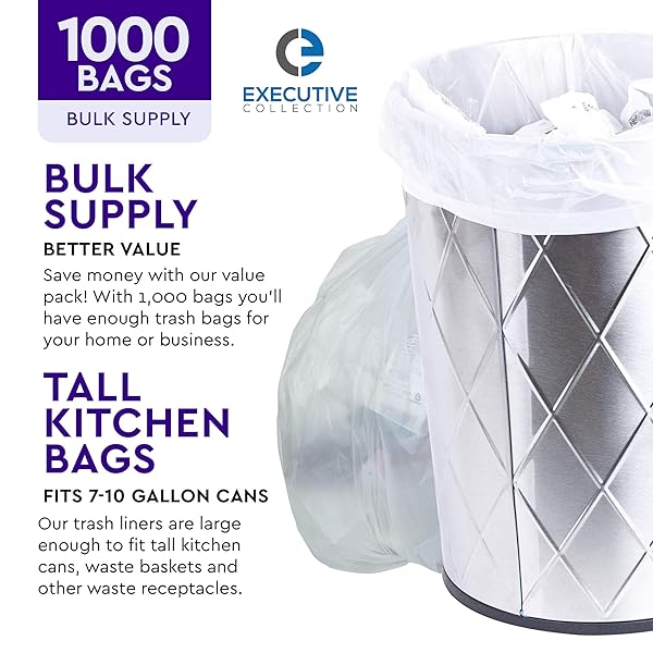 CLEAR 7-10 GALLON TRASH BAGS, 1,000 BULK PACK – MEDIUM SIZE GARBAGE BIN LINERS FOR OFFICE, BEDROOM AND KITCHEN WASTEBASKET CANS – BY EXECUTIVE COLLECTION