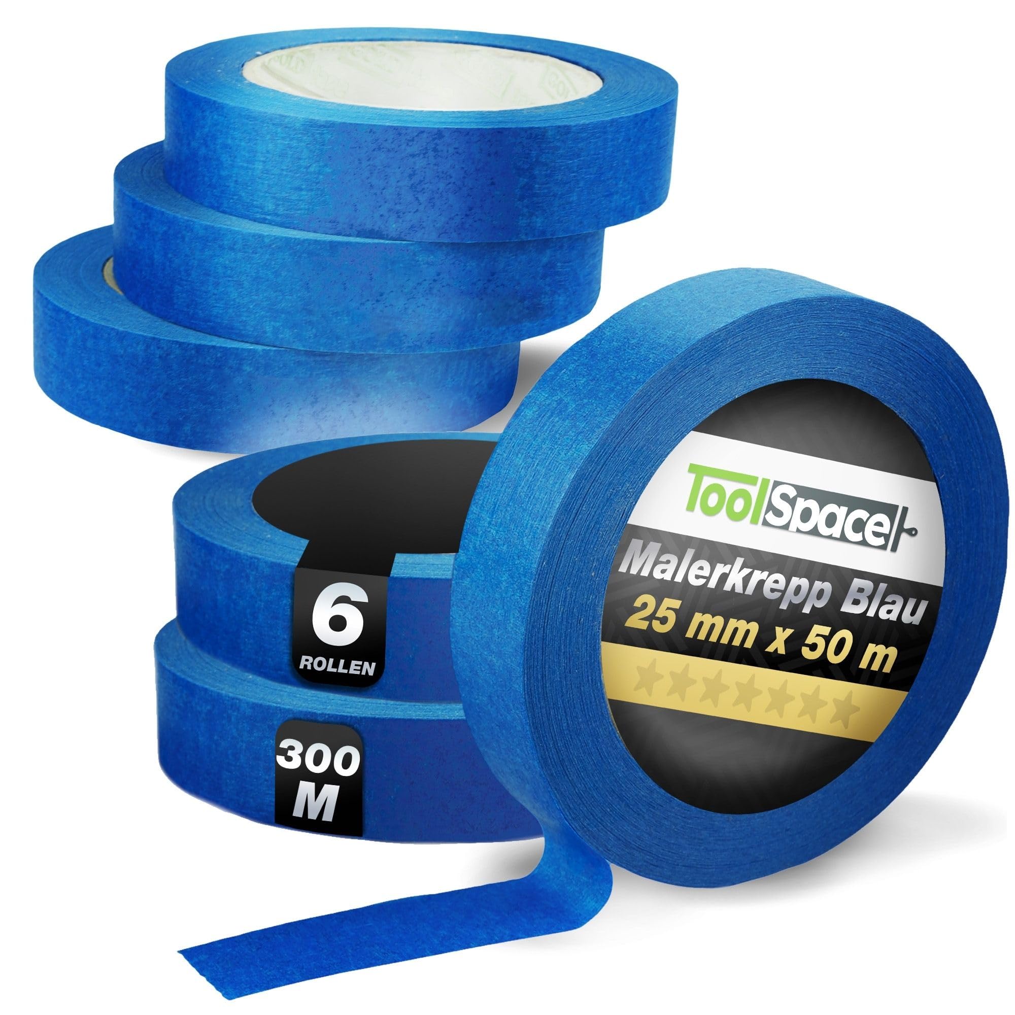 ToolSpace Crepe Tape -Blue Painter's Tape Set - Professional Painter's Tape for Renovation Work - Masking Tape for Painting - Solvent Free - 25mm / 50m Roll Set of 6 300m