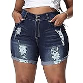 Gocolloa Womens Plus Size Jean Shorts Stretchy High Waisted Distressed Fold Hem Denim Shorts