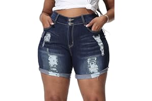 Gocolloa Womens Plus Size Jean Shorts Stretchy High Waisted Distressed Fold Hem Denim Shorts